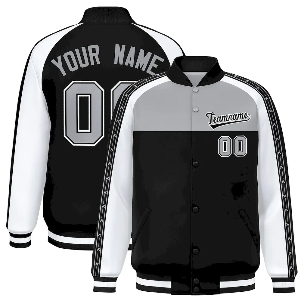 Custom Gray Black K-Ribbon Raglan Sleeves Varsity Full-Snap Color Block Letterman Jacket
