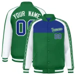 Custom Royal White K-Ribbon Raglan Sleeves Varsity Full-Snap Color Block Letterman Jacket