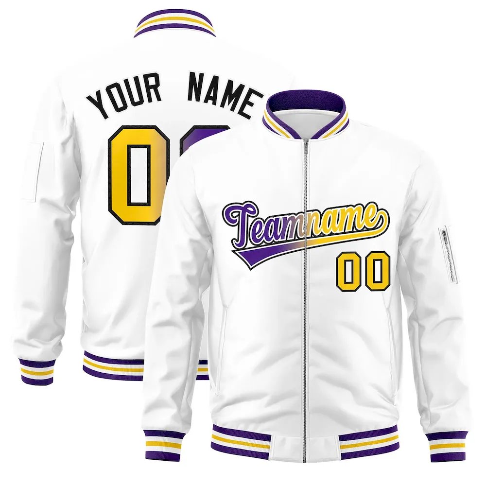 Custom White Full-Zip Gradient Fashion Letterman Bomber Jacket