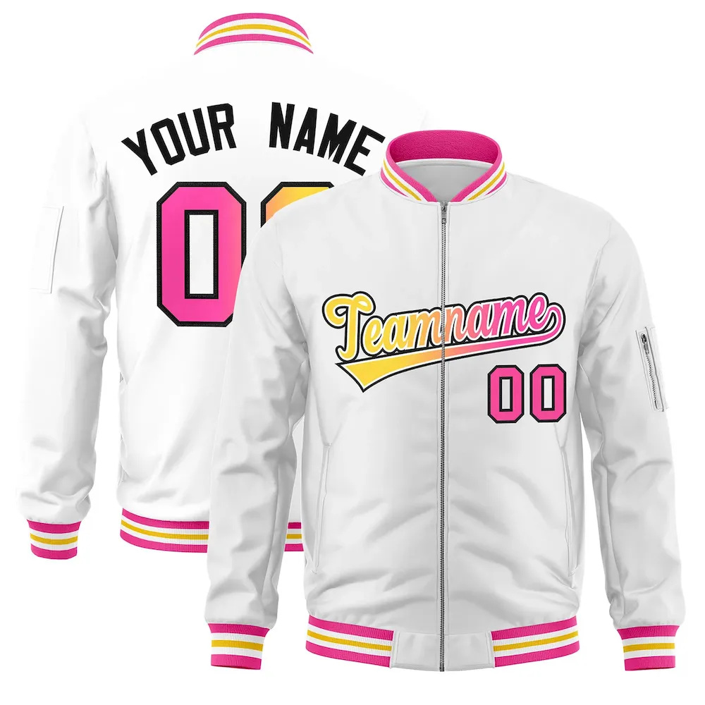 Custom White Full-Zip Gradient Fashion Letterman Bomber Jacket