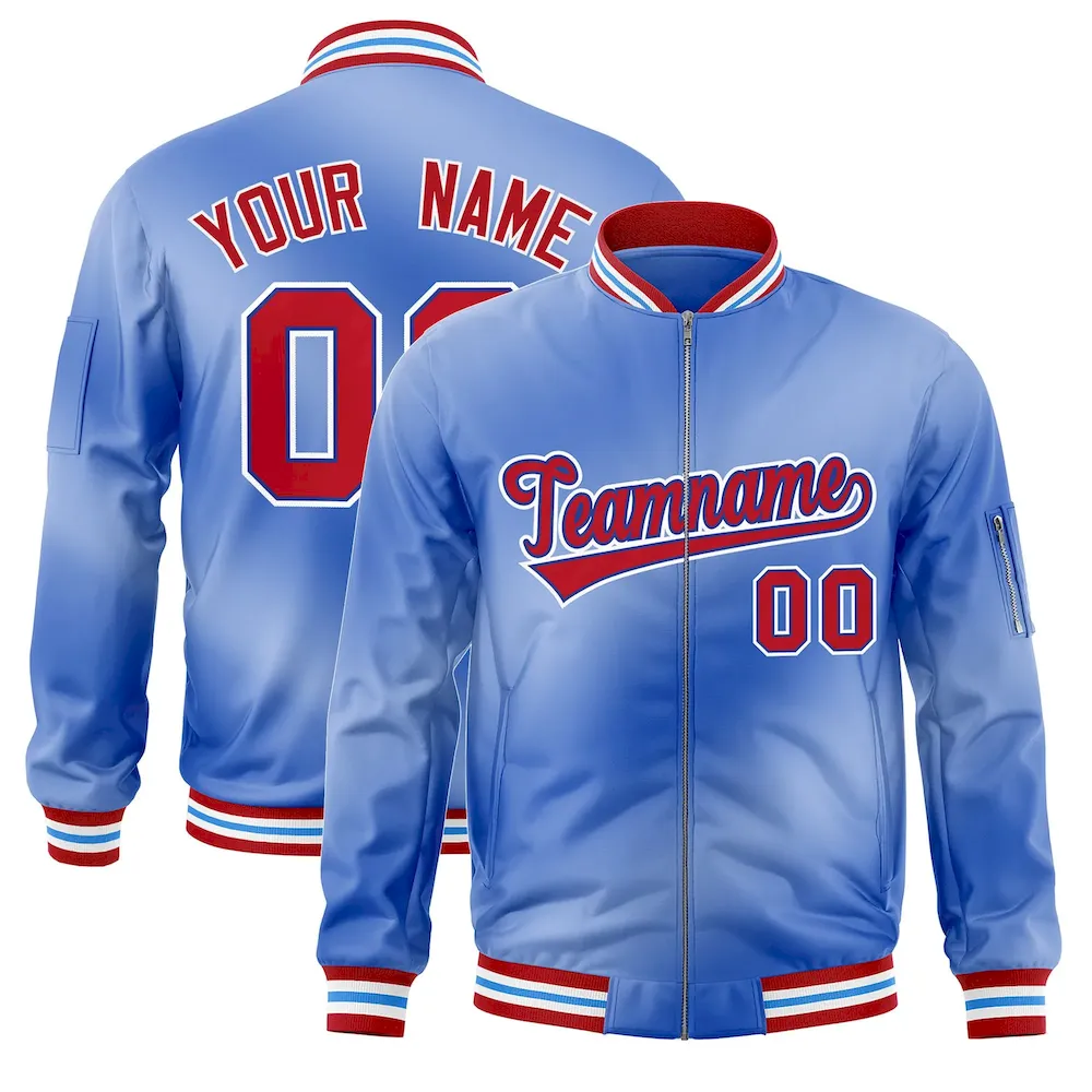 Custom Light Blue Full-Zip Gradient Fashion Letterman Bomber Jacket