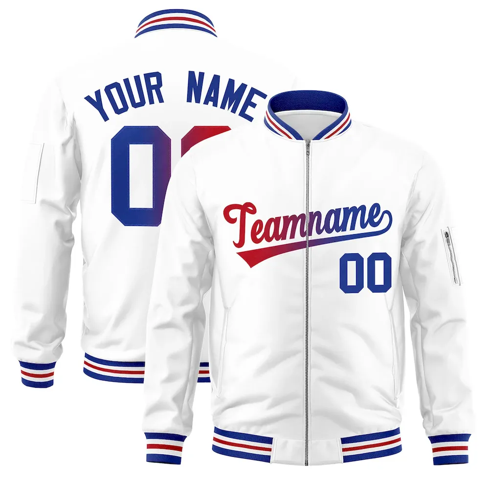 Custom White Full-Zip Gradient Fashion Letterman Bomber Jacket