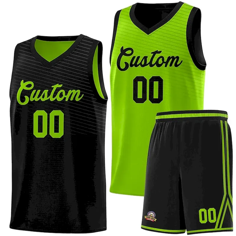 Custom Black Neon Green Chest Slash Patttern Double Side Sports Uniform Basketball Jersey