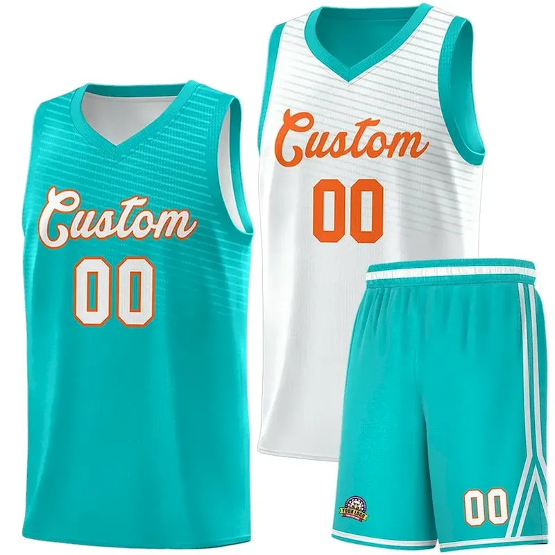 Custom Aqua White Chest Slash Patttern Double Side Sports Uniform Basketball Jersey