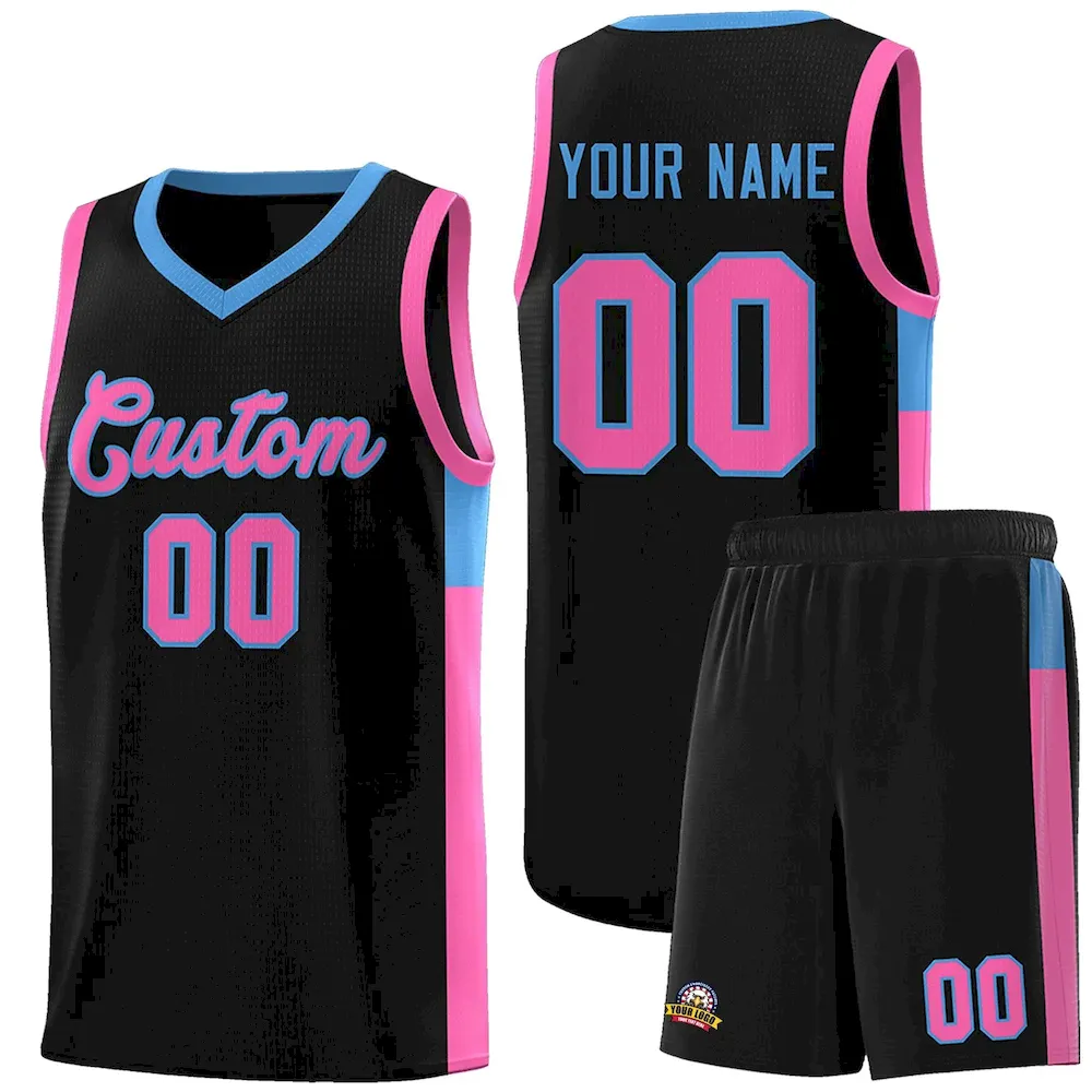 Custom Black Pink-White Side Two-Color Triangle Splicing Sports Uniform Basketball Jersey