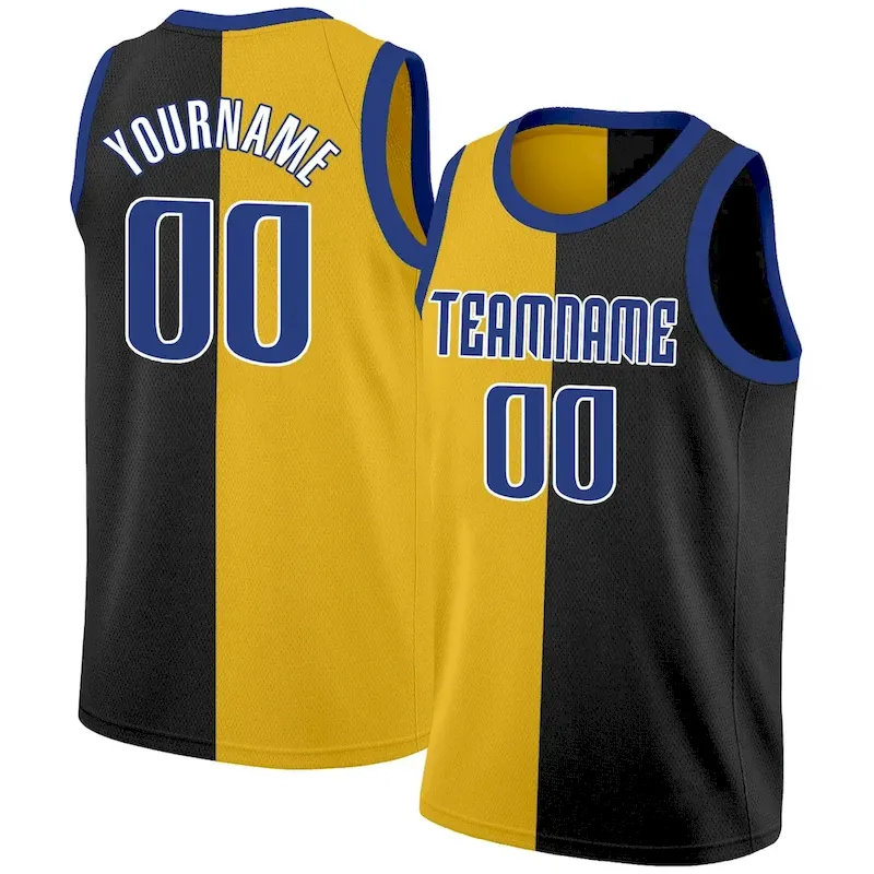 Custom Black Yellow-Navy Split Fashion Tops Basketball Jersey