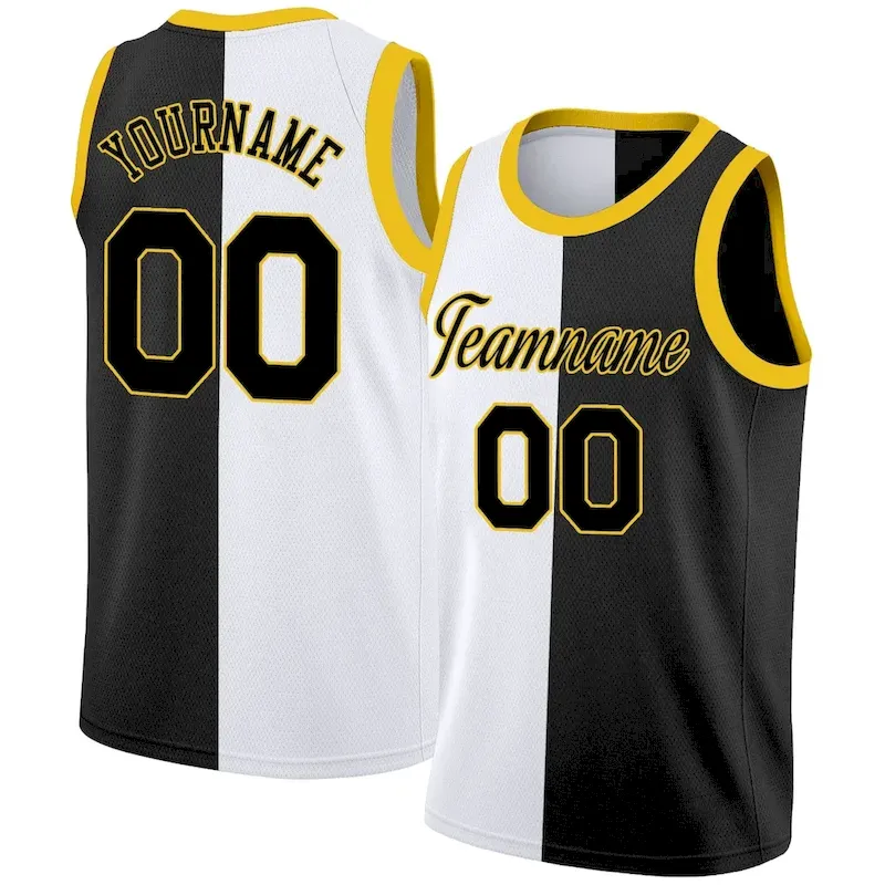 Custom White Black-Yellow Split Fashion Tops Basketball Jersey