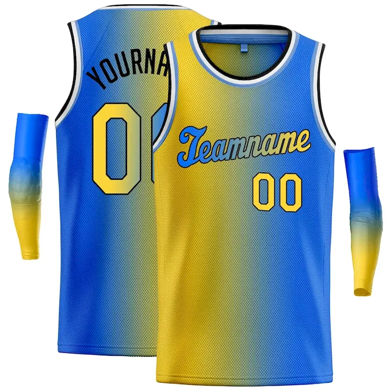 Custom Yellow Blue Black-Blue Gradient Fashion Tops Tilted Basketball Jersey
