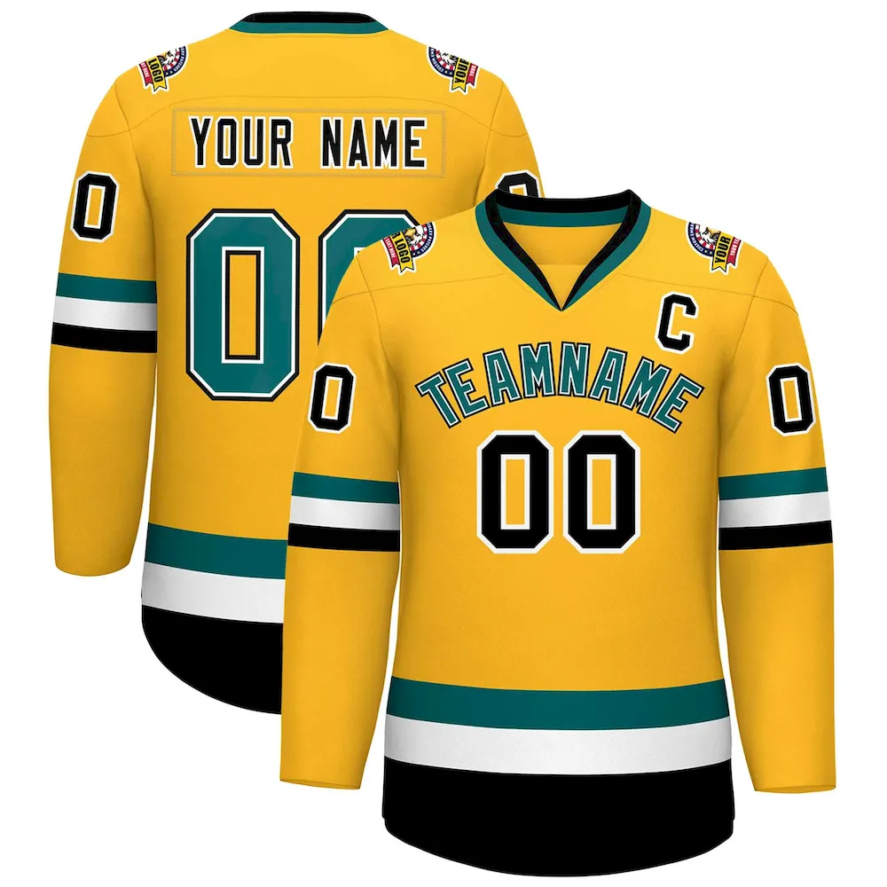 Custom Gold Navy White-Powder Blue Classic Style Hockey Jersey