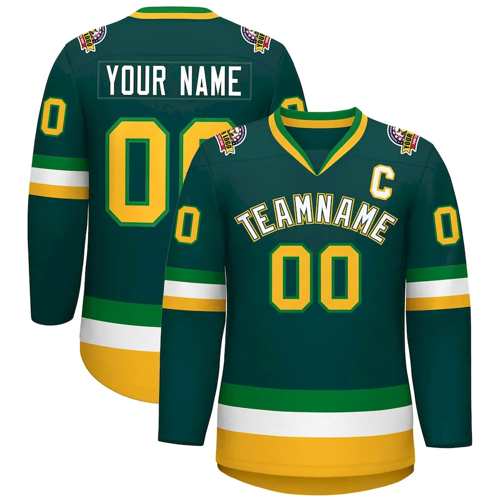 Custom Midnight Green White Kelly Green-Gold Classic Style Hockey Jersey
