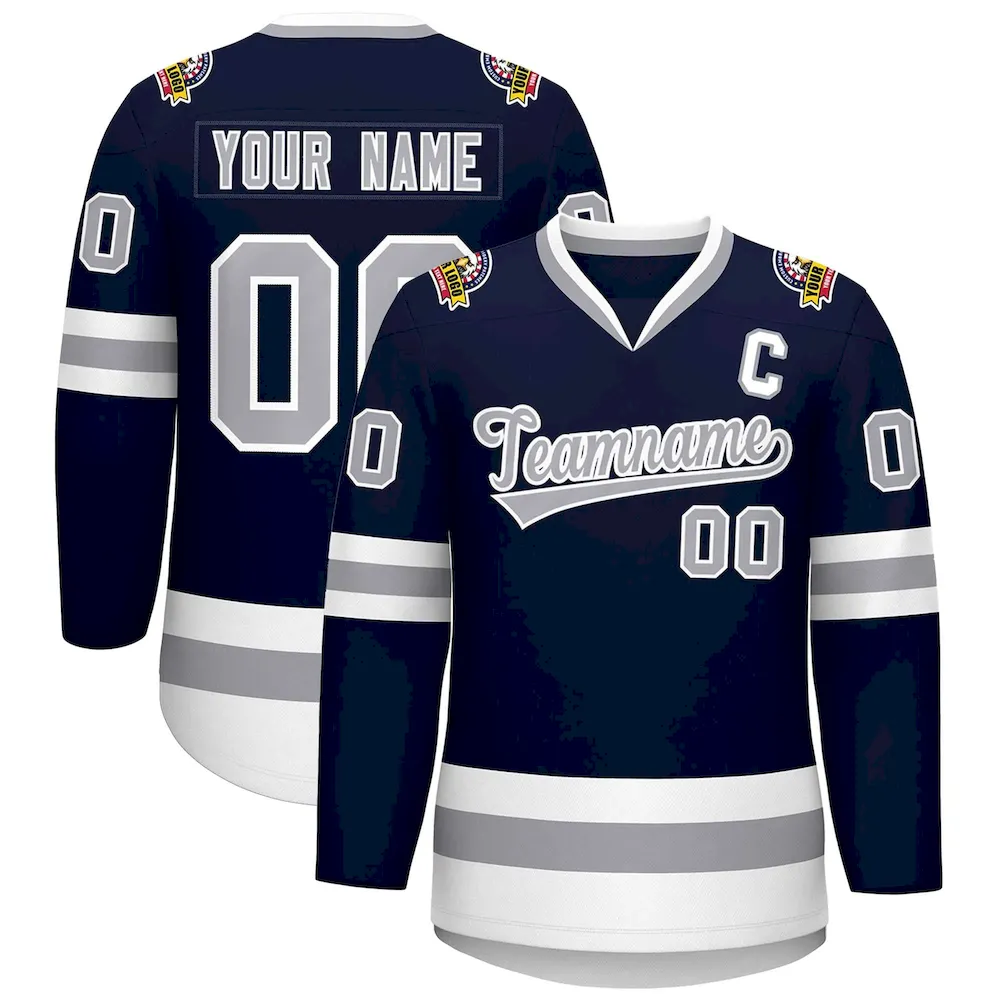Custom Navy Gray-White Classic Style Hockey Jersey