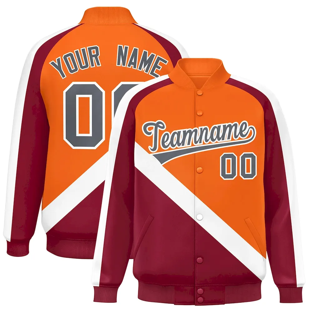 Custom Texas Orange Crimson Raglan Sleeves Varsity Full-Snap Letterman Baseball Jacket