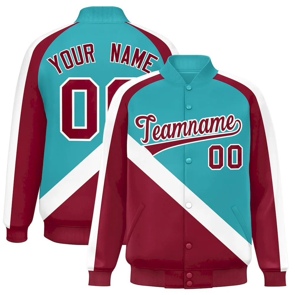 Custom Aqua Crimson Raglan Sleeves Varsity Full-Snap Letterman Baseball Jacket