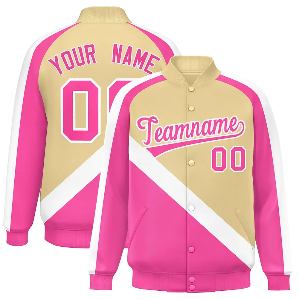 Custom Khaki Pink Raglan Sleeves Varsity Full-Snap Letterman Baseball Jacket