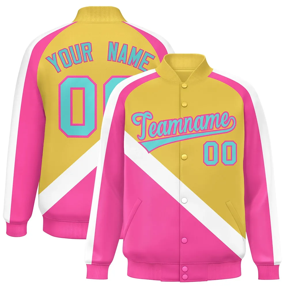 Custom Orange Pink Raglan Sleeves Varsity Full-Snap Letterman Baseball Jacket
