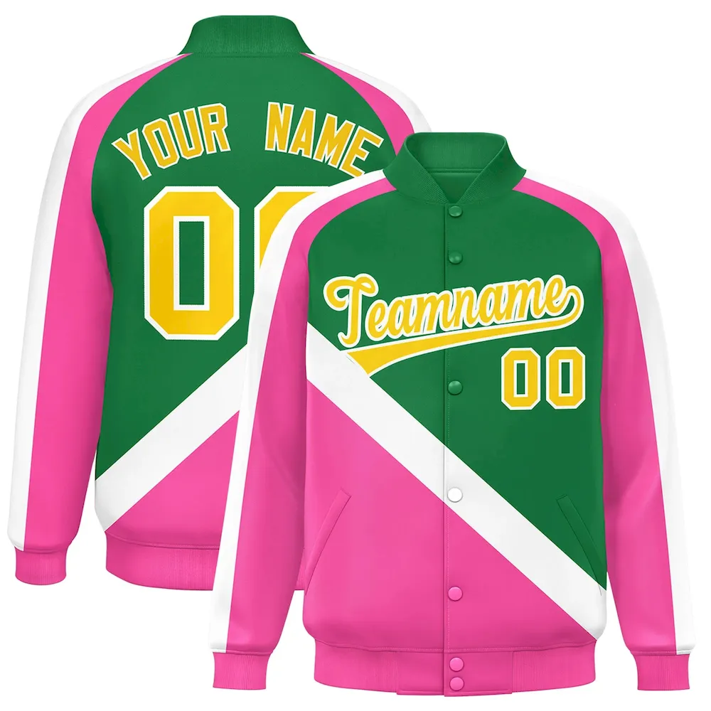 Custom Green Pink Raglan Sleeves Varsity Full-Snap Letterman Baseball Jacket