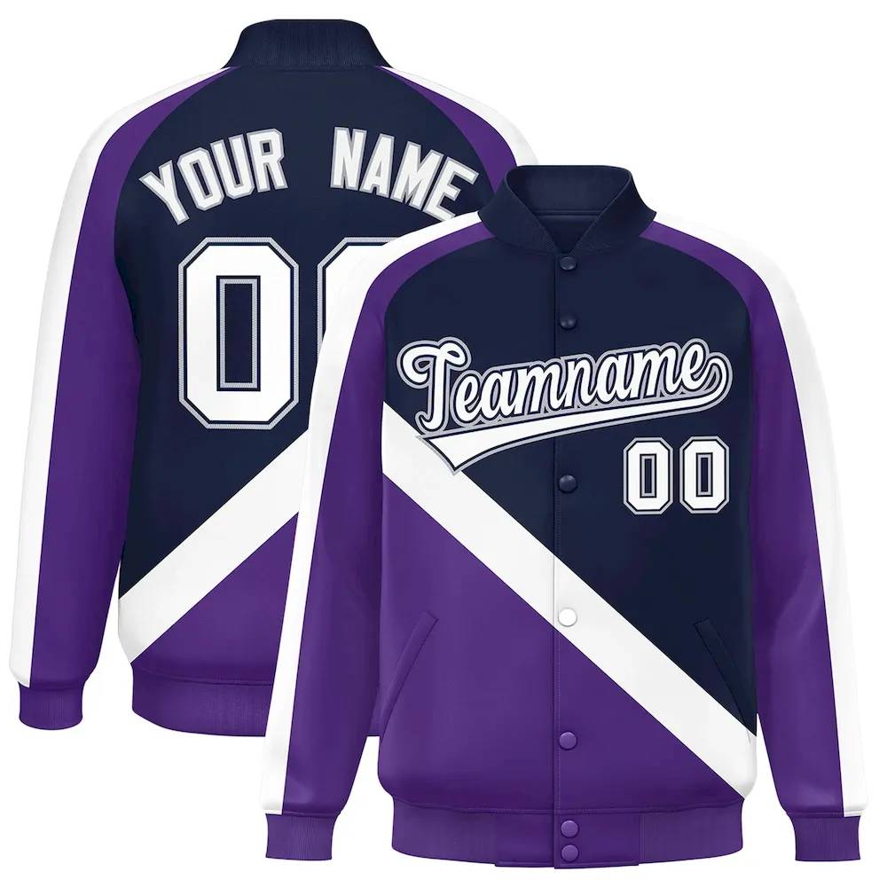 Custom Black Purple Raglan Sleeves Varsity Full-Snap Letterman Baseball Jacket