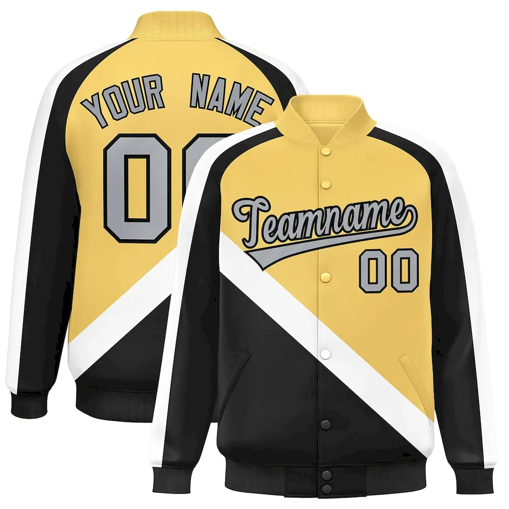 Custom Khaki Black Raglan Sleeves Varsity Full-Snap Letterman Baseball Jacket