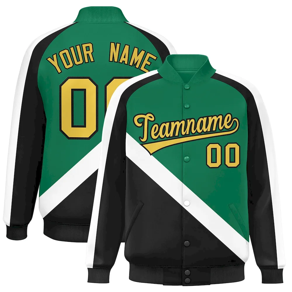 Custom Bright Green Black Raglan Sleeves Varsity Full-Snap Letterman Baseball Jacket