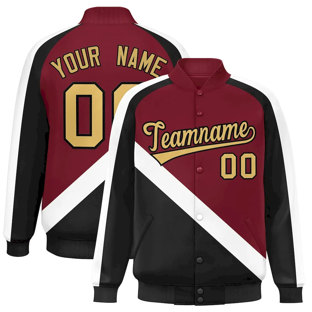 Custom Crimson Black Raglan Sleeves Varsity Full-Snap Letterman Baseball Jacket