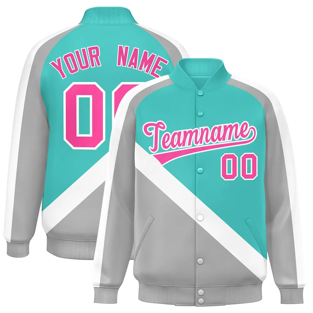 Custom Aqua Gray Raglan Sleeves Varsity Full-Snap Letterman Baseball Jacket