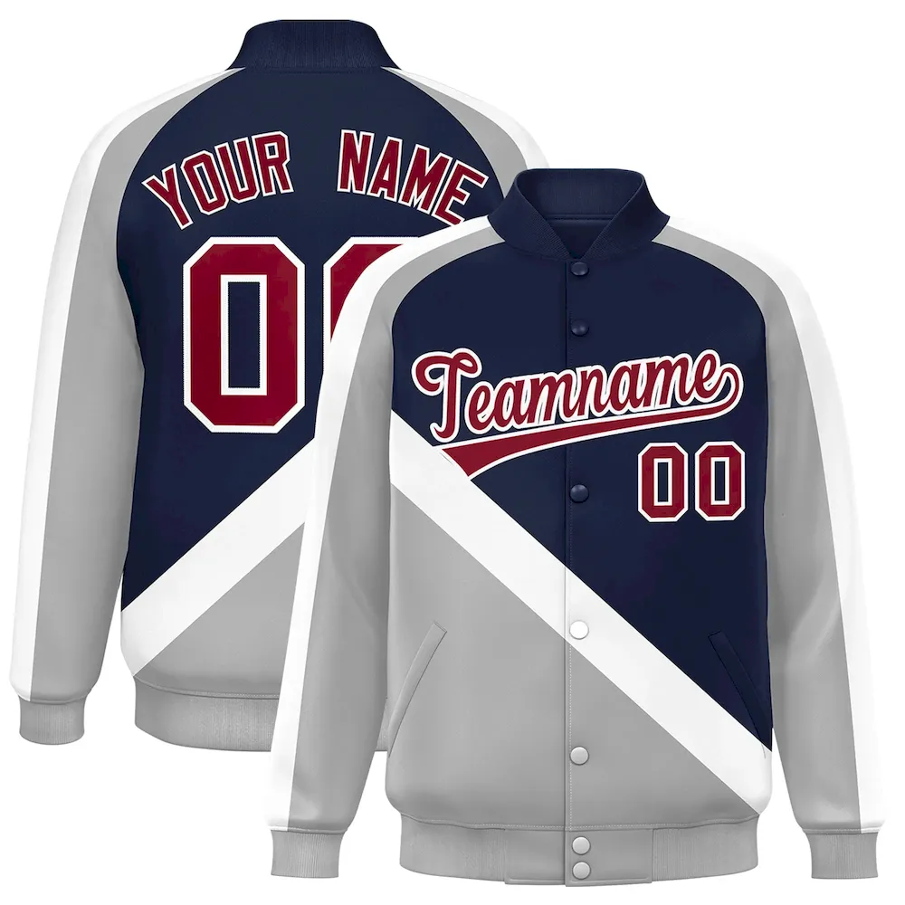 Custom Navy Gray Raglan Sleeves Varsity Full-Snap Letterman Baseball Jacket