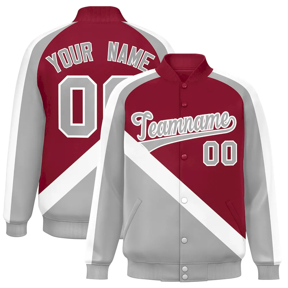 Custom Crimson Gray Raglan Sleeves Varsity Full-Snap Letterman Baseball Jacket