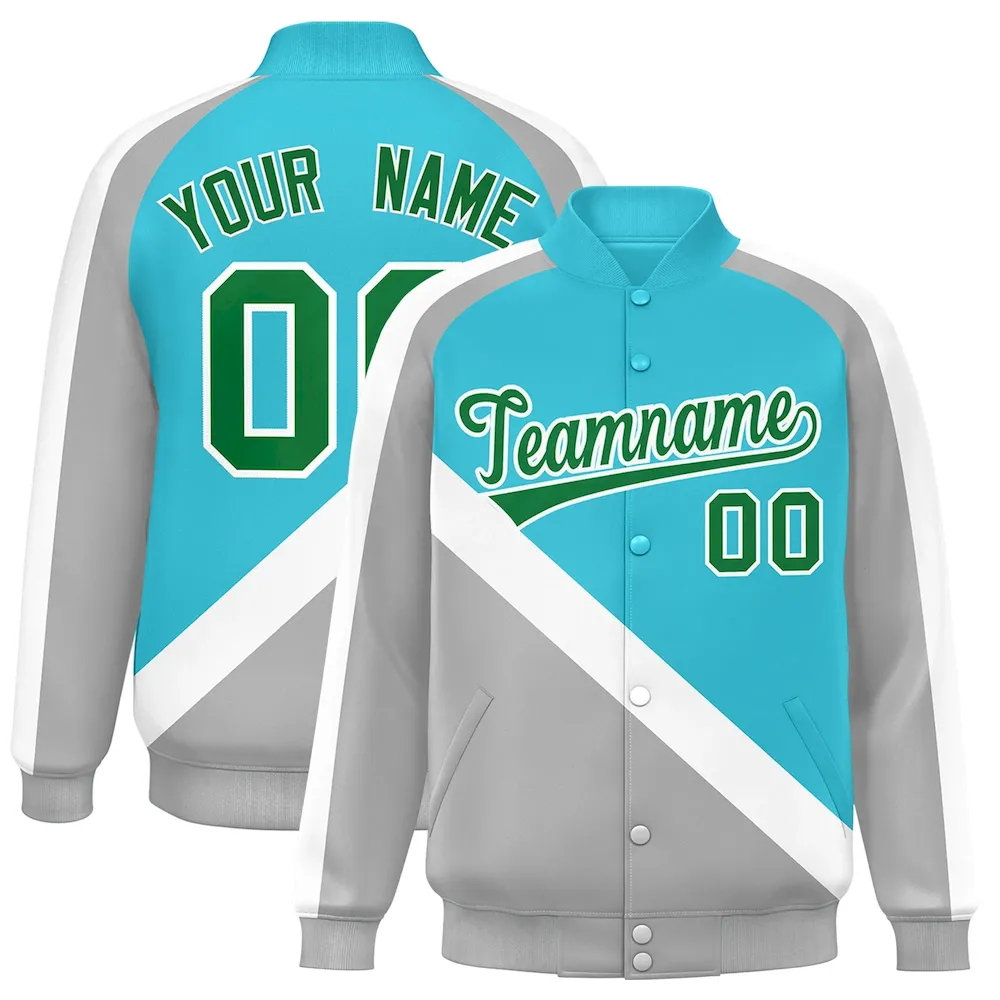 Custom Aqua Khaki-Cream Full-Snap Varsity Raglan Sleeves Letterman Baseball Jacket