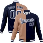 Custom Brown Navy-Navy Varsity Full-Snap Letterman Two Tone Split Fashion Jacket