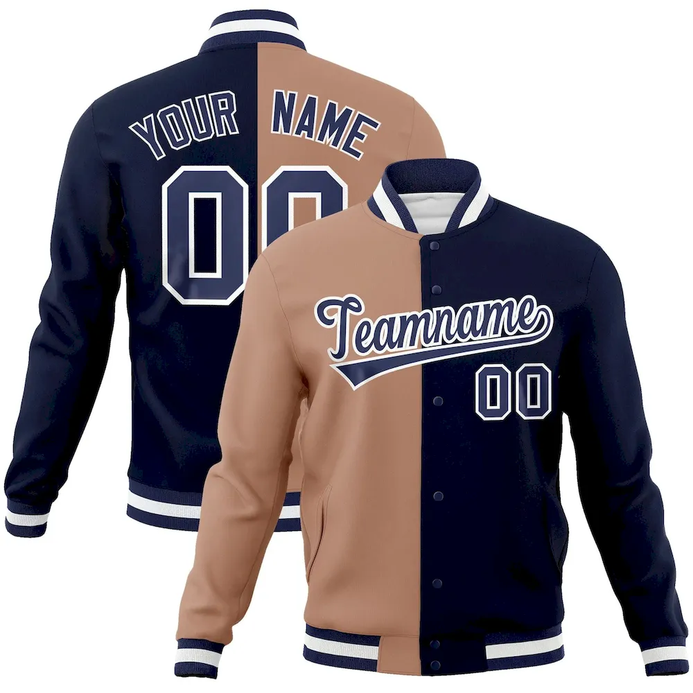 Custom Brown Navy-Navy Varsity Full-Snap Letterman Two Tone Split Fashion Jacket