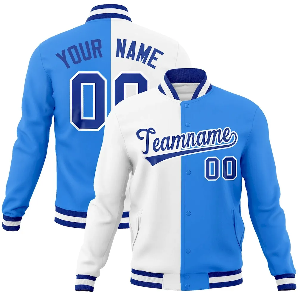 Custom White Powder Blue-Royal Varsity Full-Snap Letterman Two Tone Split Fashion Jacket