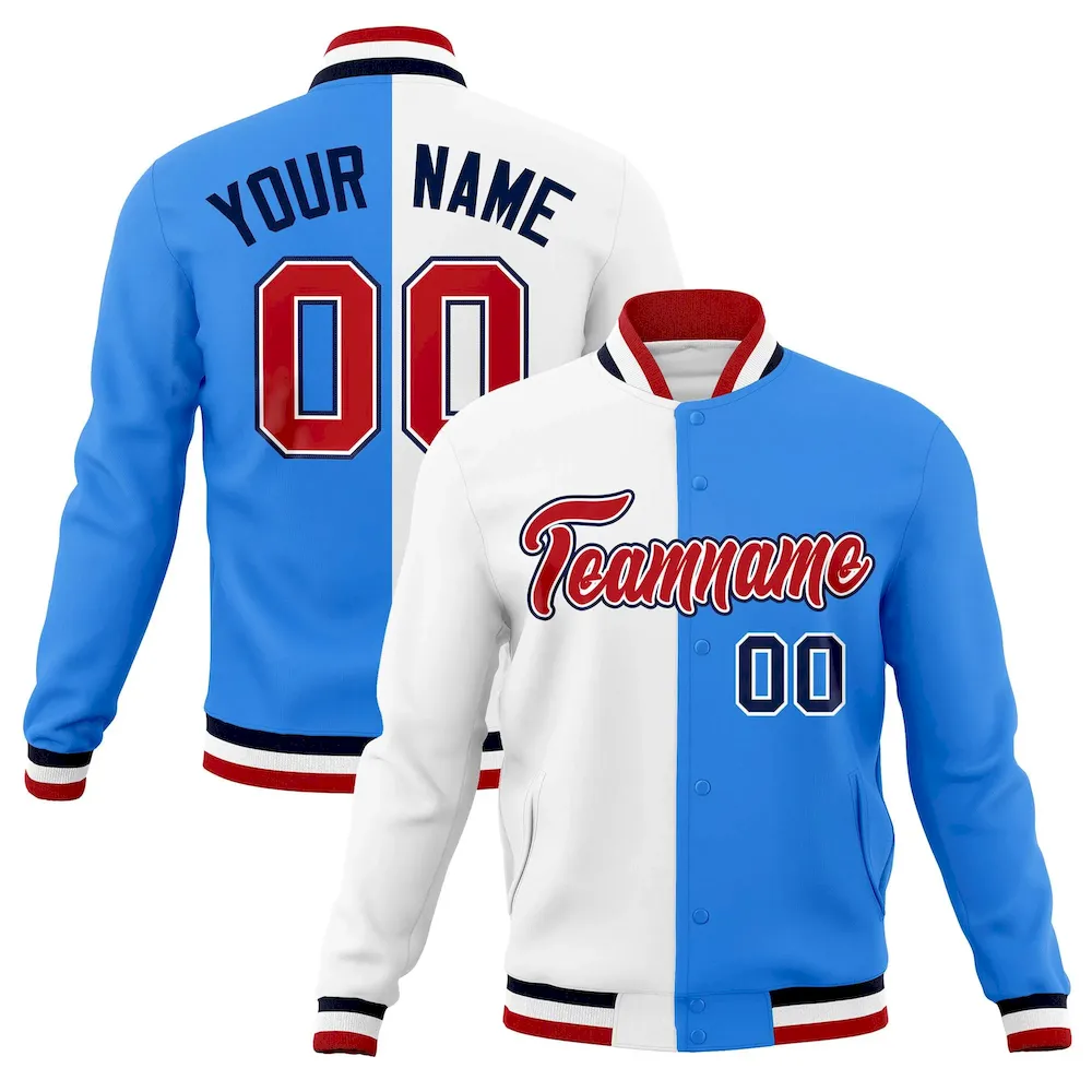 Custom White Powder Blue-Red Varsity Full-Snap Letterman Two Tone Split Fashion Jacket