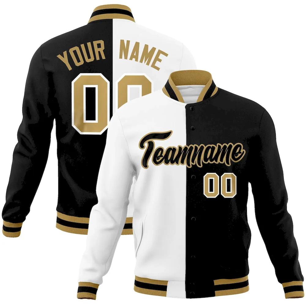 Custom White Black-Black Varsity Full-Snap Letterman Two Tone Split Fashion Jacket