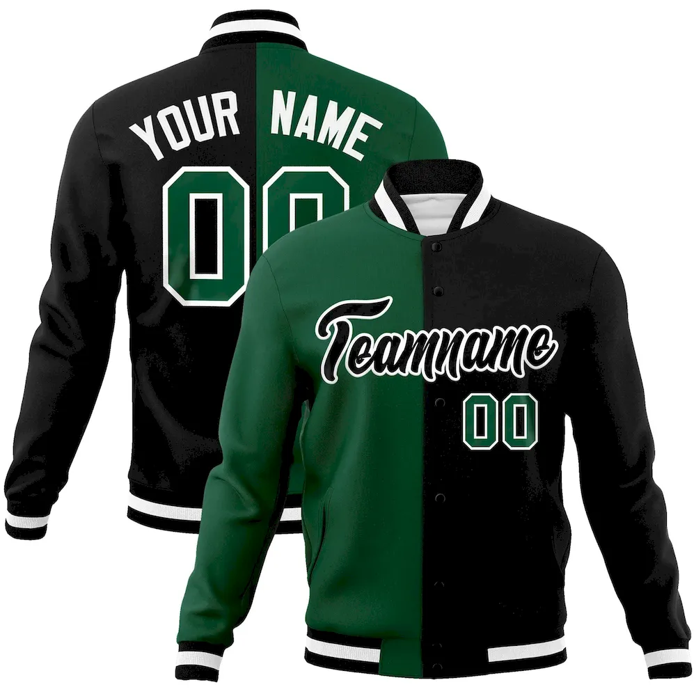 Custom Green Black-Black Varsity Full-Snap Letterman Two Tone Split Fashion Jacket