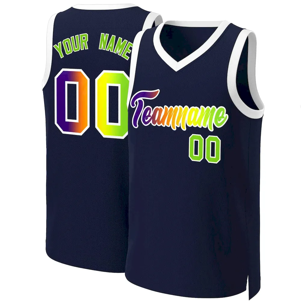 Custom Navy Yellow-White Classic Gradient Fashion Tops Basketball Jersey