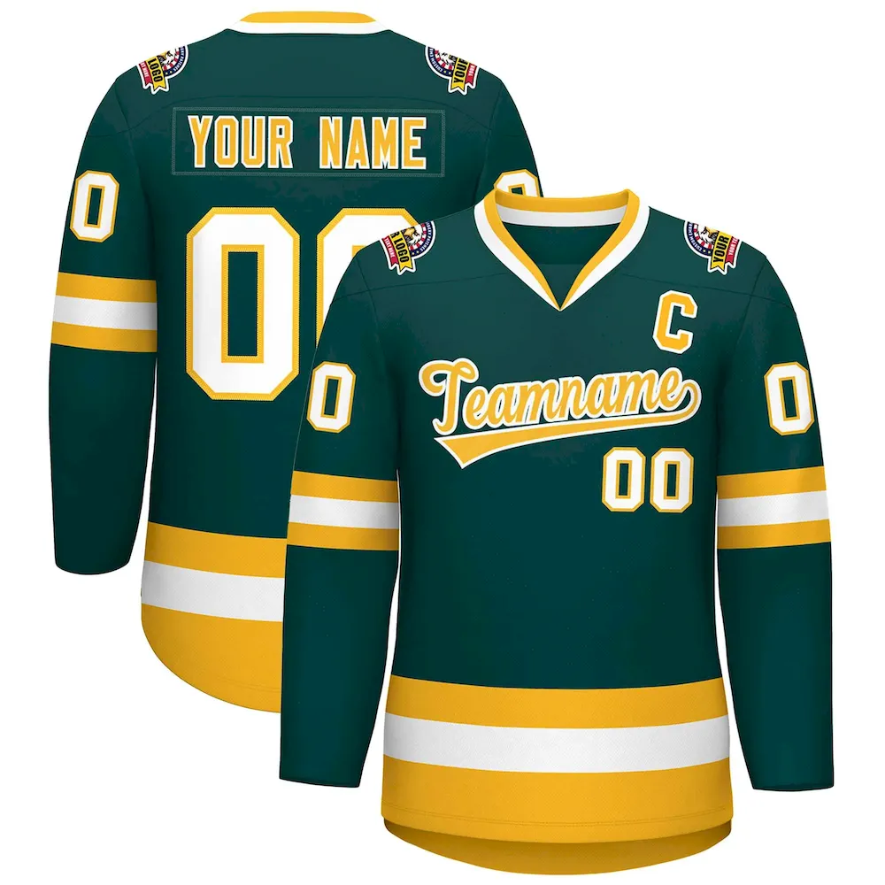 Custom Midnight Green Gold-White Classic Style Hockey Jersey