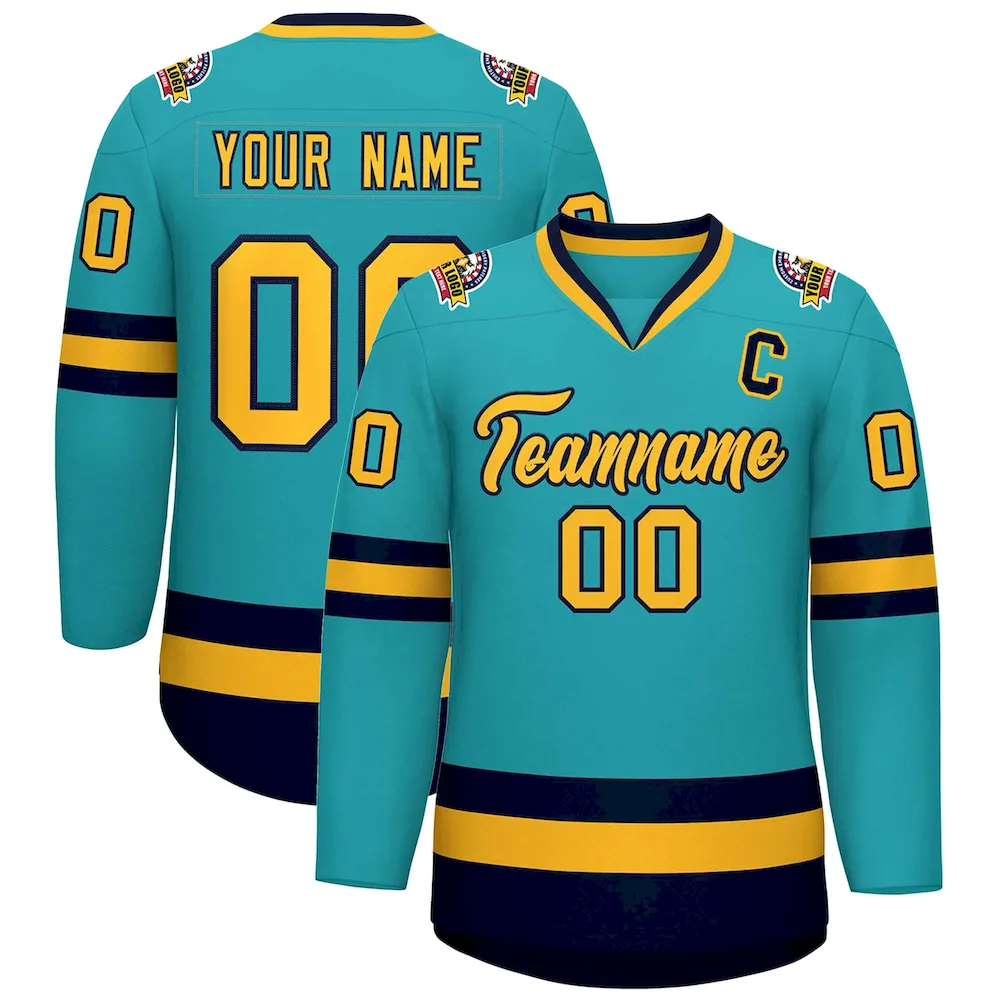 Custom Aqua Gold-Navy Classic Style Hockey Jersey