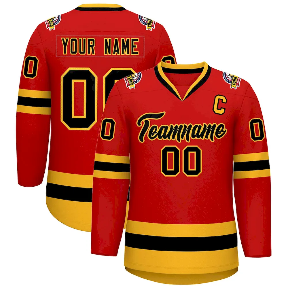 Custom Red Black-Gold Classic Style Hockey Jersey