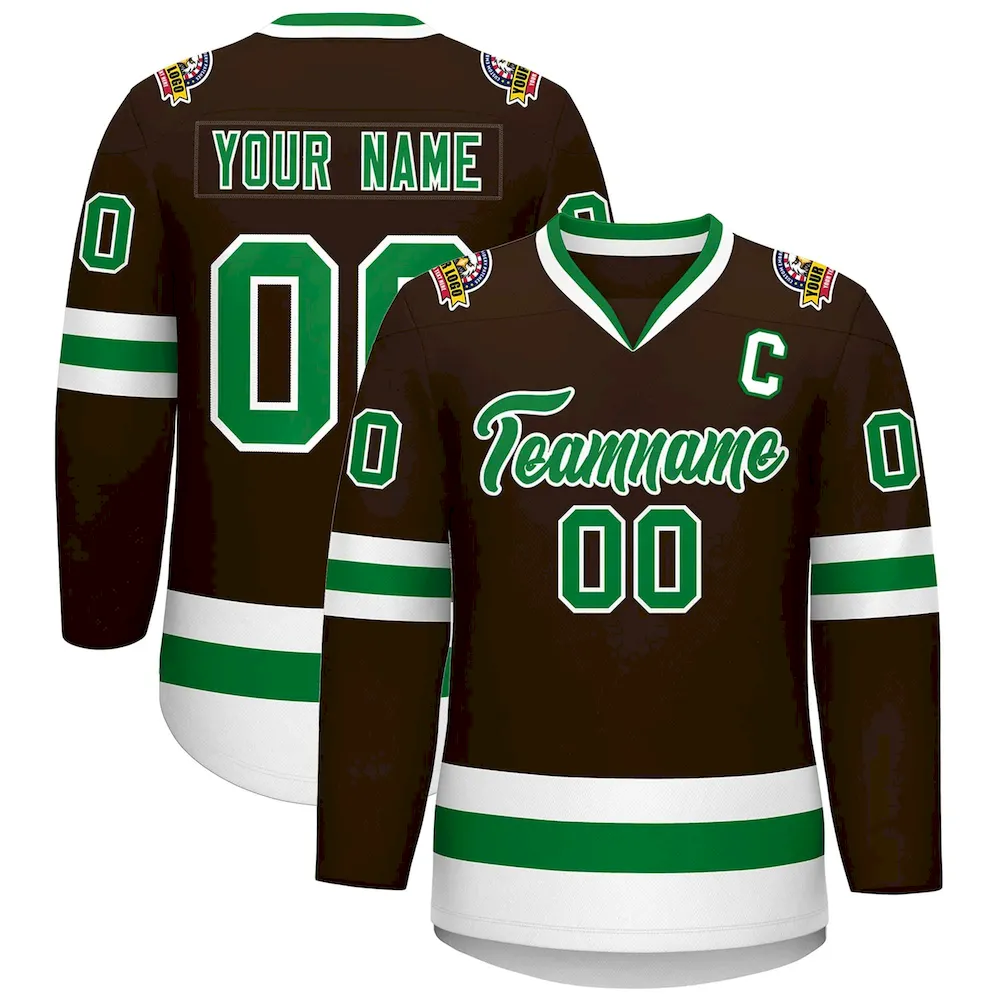 Custom Brown Kelly Green-White Classic Style Hockey Jersey