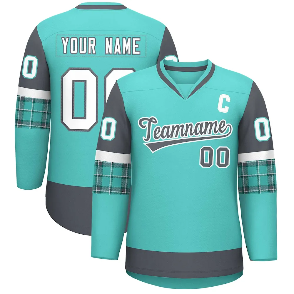 Custom Bright Green Pink-White Personalized Raglan Sleeves V-Neck Hockey Jersey