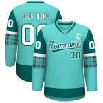 Custom White Aqua-Gray Personalized Raglan Sleeves V-Neck Hockey Jersey