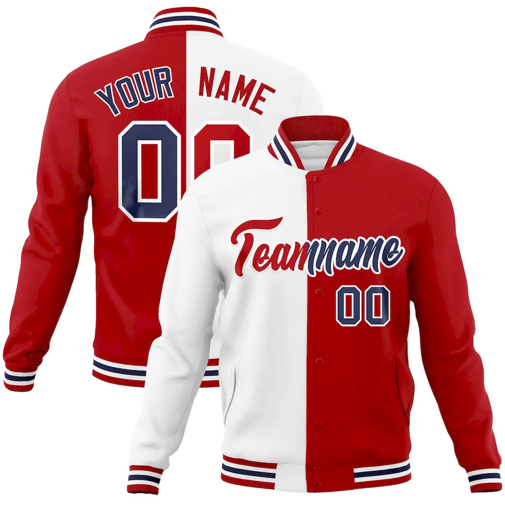 Custom White Red-Red Varsity Full-Snap Letterman Two Tone Split Fashion Jacket