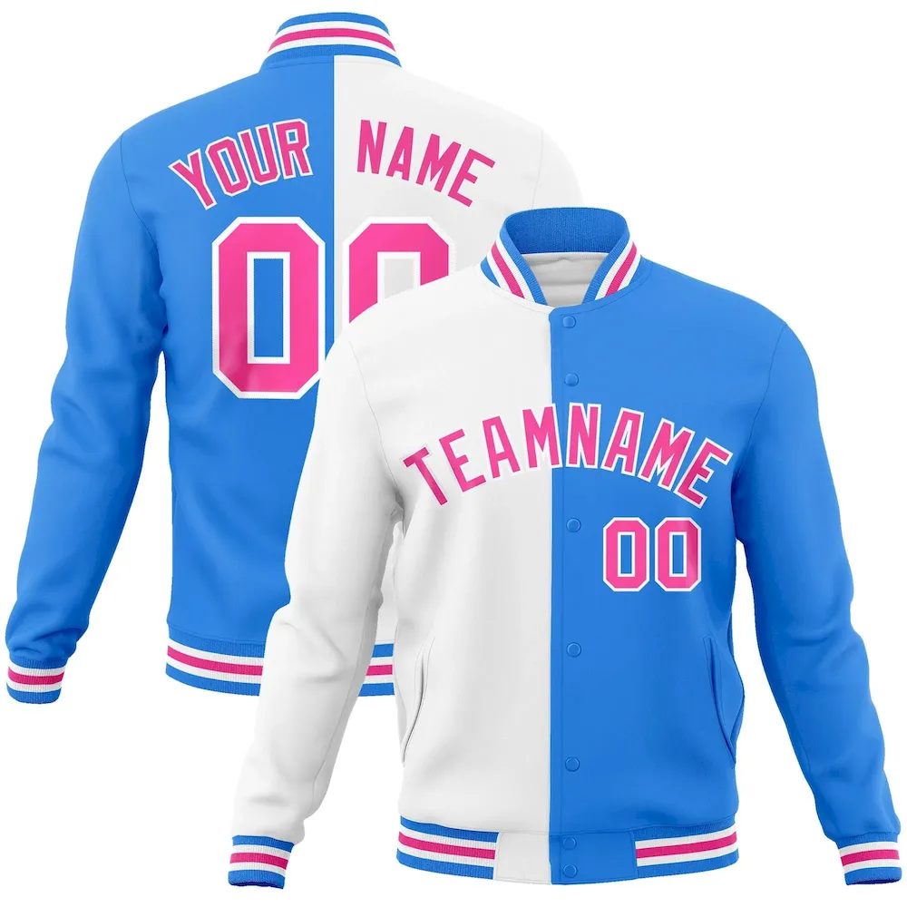 Custom White Powder Blue-Pink Varsity Full-Snap Letterman Two Tone Split Fashion Jacket