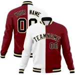 Custom White Crimson-Black Varsity Full-Snap Letterman Two Tone Split Fashion Jacket