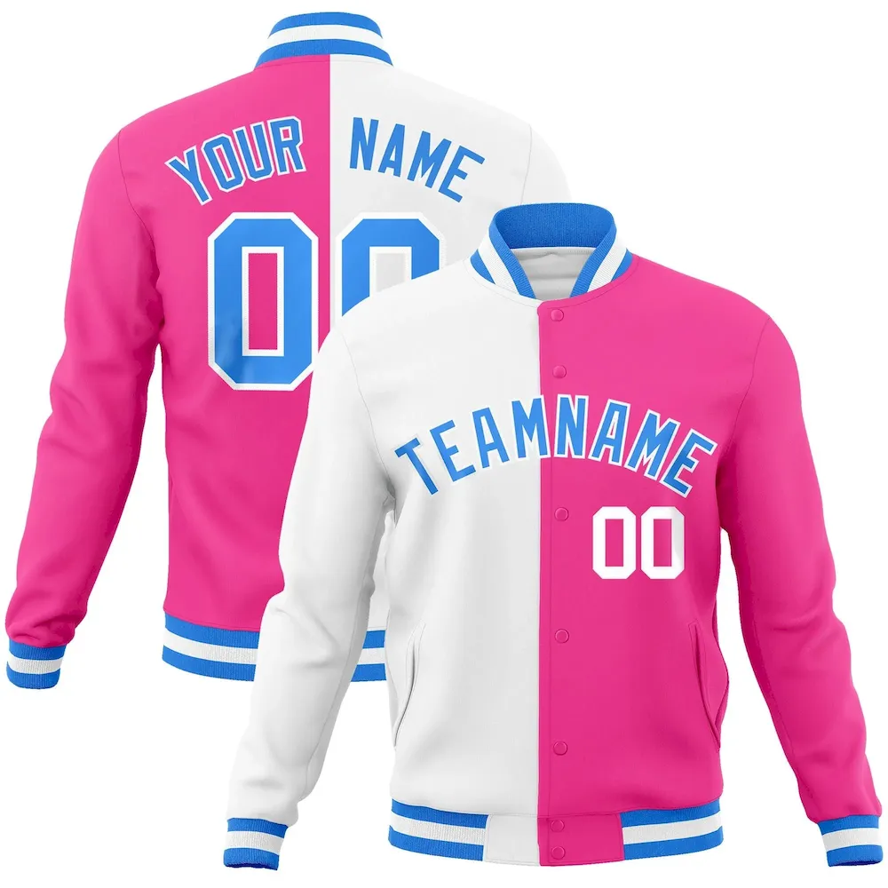 Custom White Pink-Powder Blue Varsity Full-Snap Letterman Two Tone Split Fashion Jacket