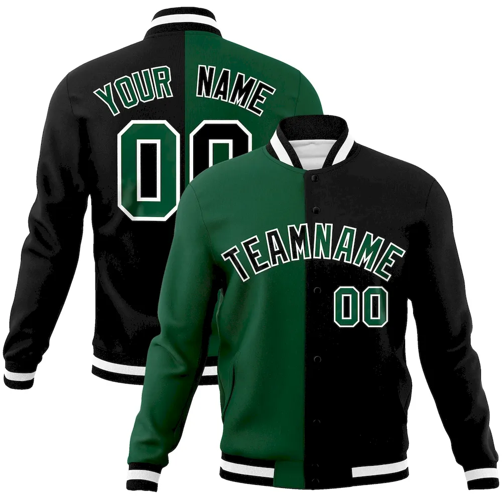 Custom Green Black-Black Varsity Full-Snap Letterman Two Tone Split Fashion Jacket