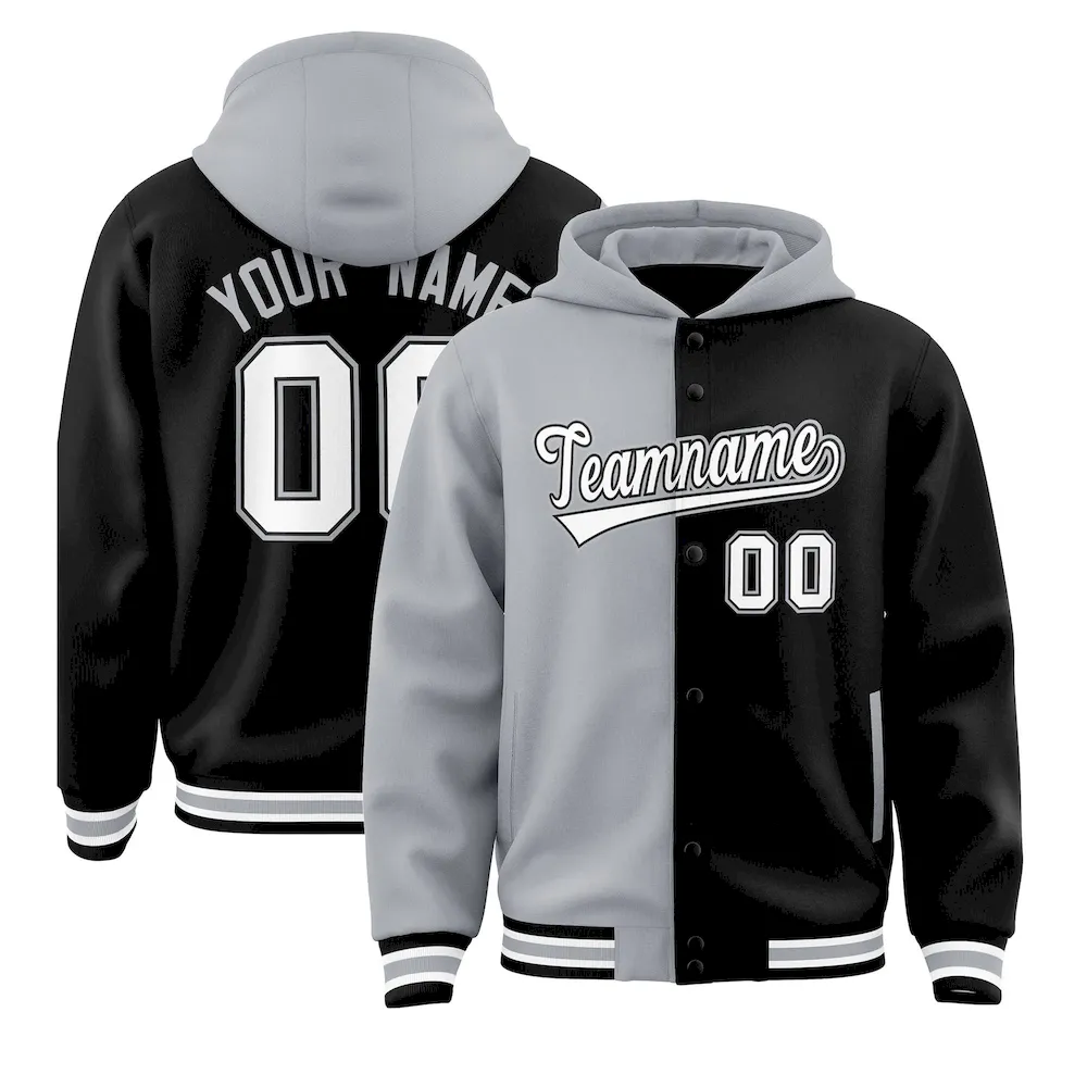 Custom Gray Black Split Fashion Varsity Full-Snap Letterman Two Tone Jacket Hoodie