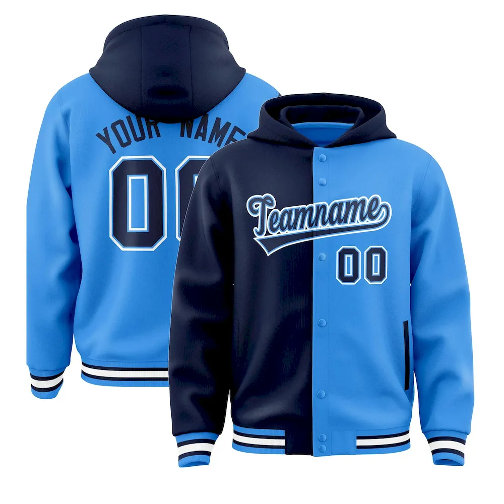 Custom Navy Powder Blue Split Fashion Varsity Full-Snap Letterman Two Tone Jacket Hoodie
