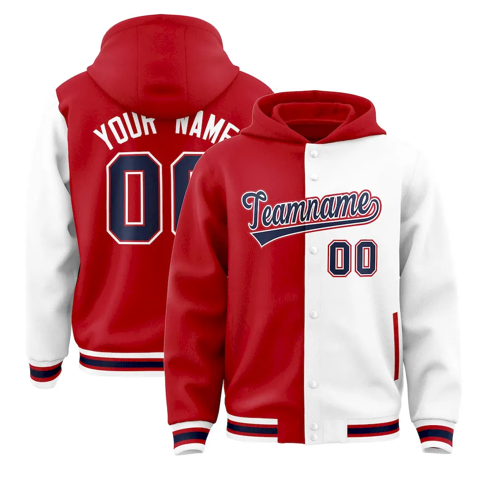 Custom Red White Split Fashion Varsity Full-Snap Letterman Two Tone Jacket Hoodie
