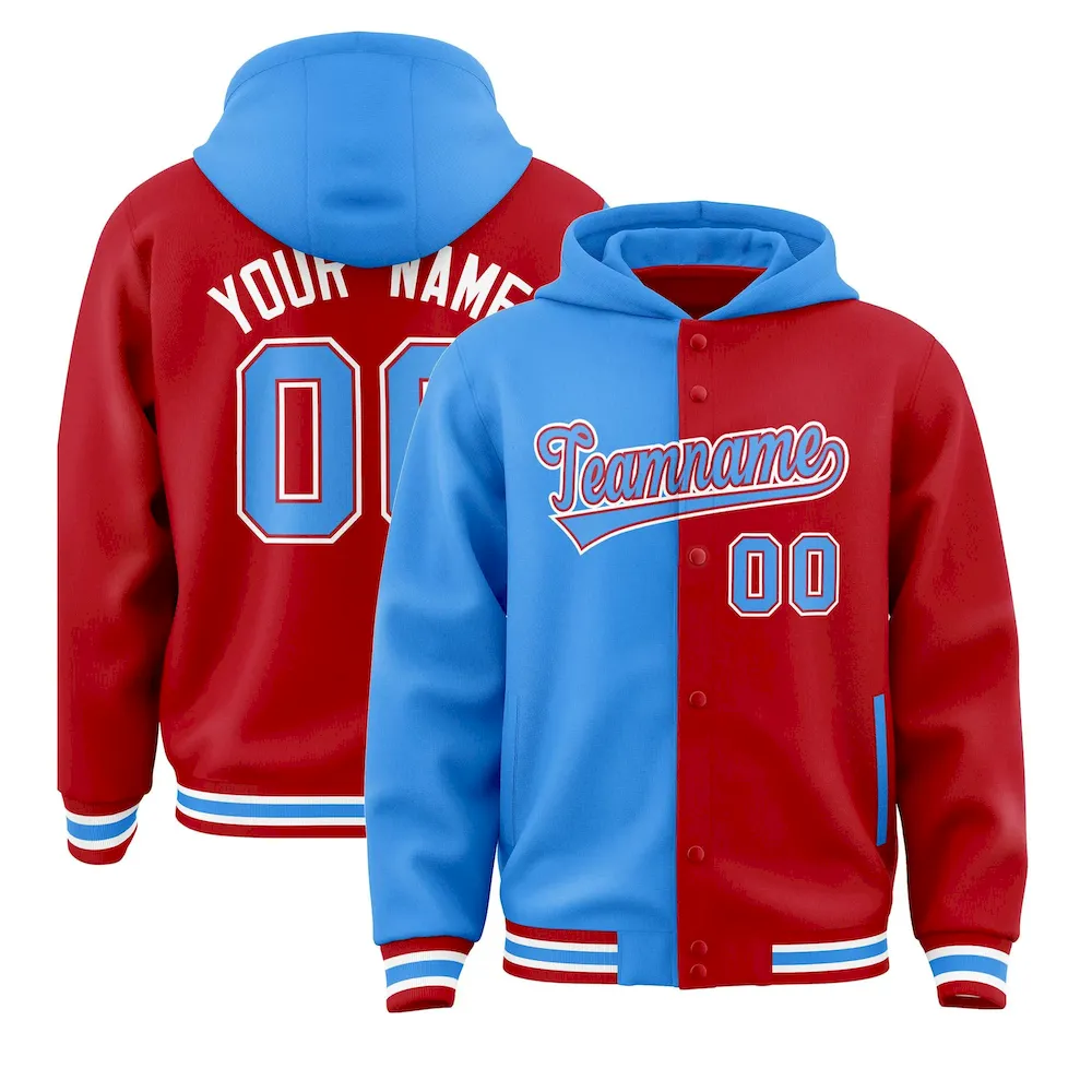 Custom Powder Blue Red Split Fashion Varsity Full-Snap Letterman Two Tone Jacket Hoodie